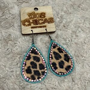 Turquoise cheetah print large teardrop earrings